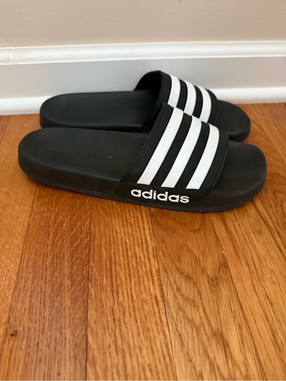 adidas Black Slides with White Three-Stripe Strap